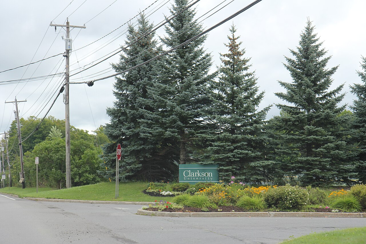 Въезд в кампус Clarkson University среди елей